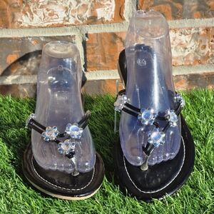 Unbranded BlackThong Sandals With Silver Rhinestone Flowers Women's Size 10